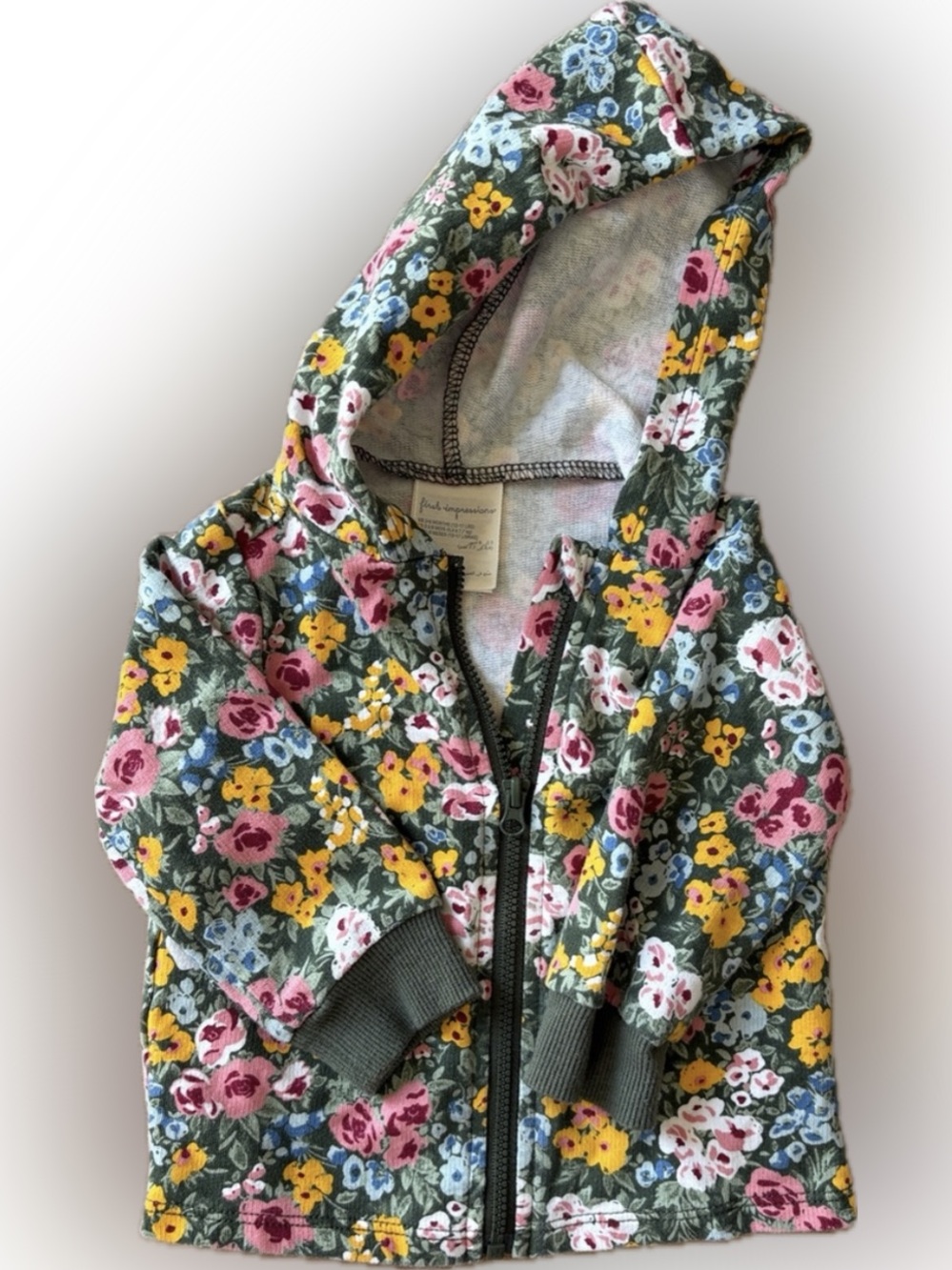 First Impressions Floral Hooded Jacket in Olive Green, Pink, Yellow, White